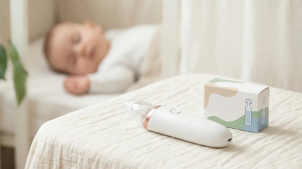 Le dispositif d'aspiration nasale et sa boîte de rangement posés sur une table de chevet, avec un bébé endormi en arrière-plan.