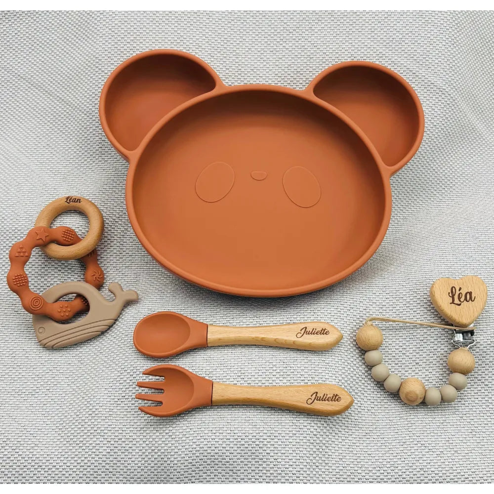 Coffret Bébé Personnalisé – Assiette Panda, Couverts, Attache & Anneau - Baby-crea