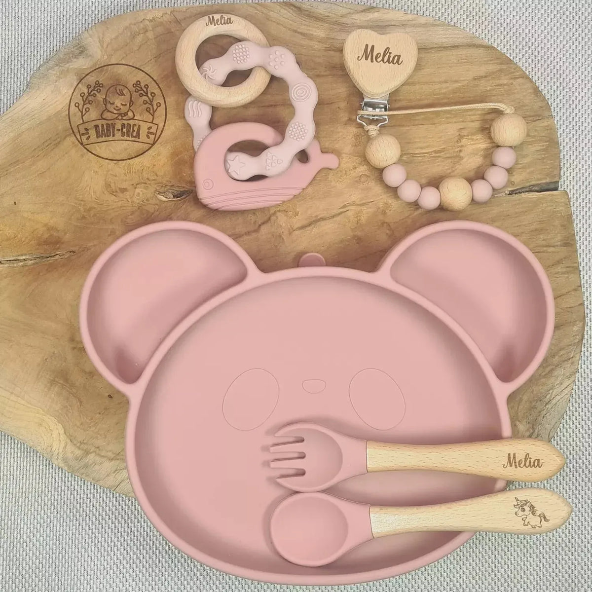 Coffret Bébé Personnalisé – Assiette Panda, Couverts, Attache & Anneau - Baby-crea