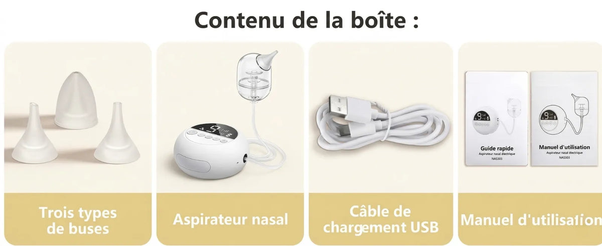 Vue détaillée des accessoires inclus : trois types de buses en silicone, l'aspirateur nasal, un câble de chargement USB et le manuel d'utilisation.