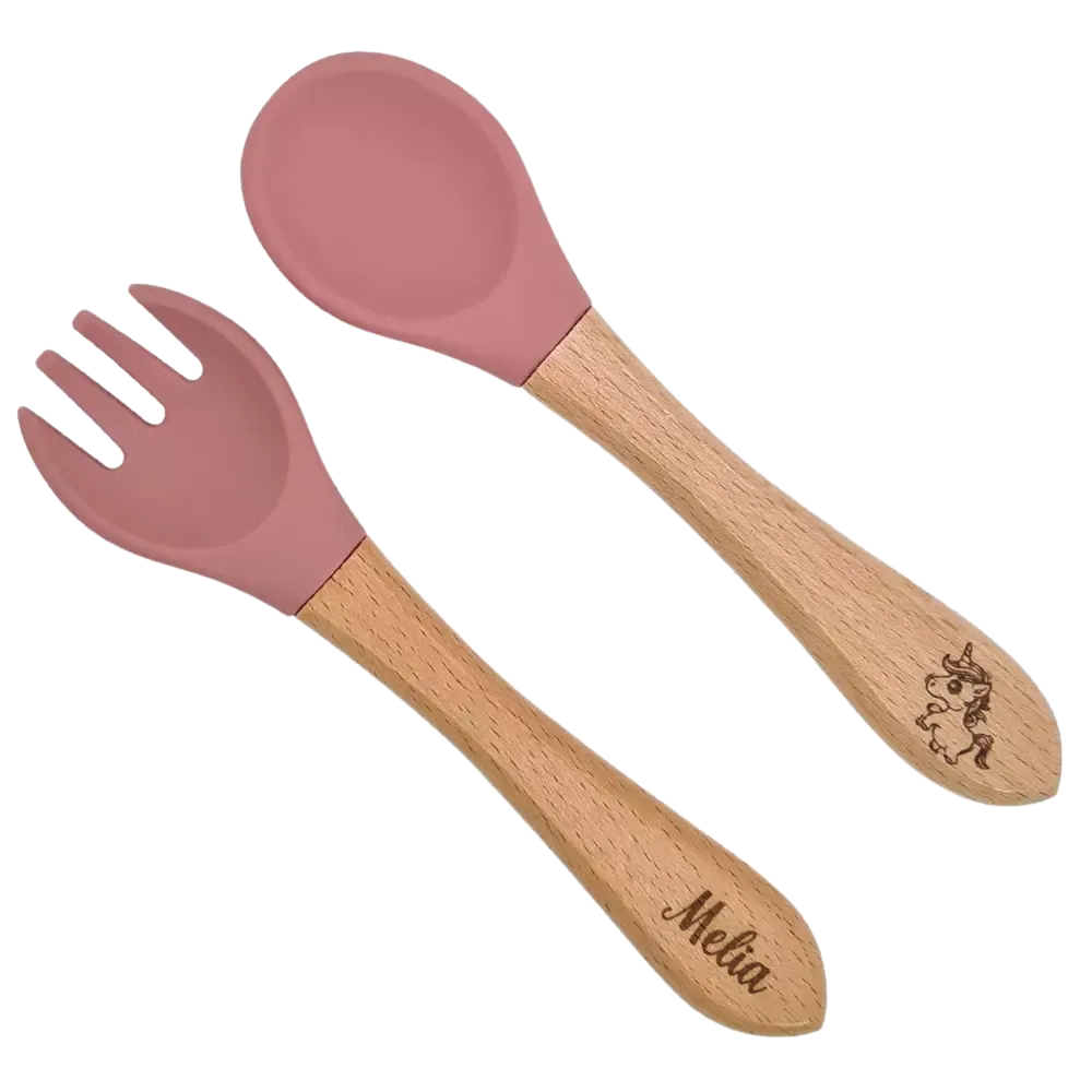 Couverts silicone alimentaire rose pour bébé