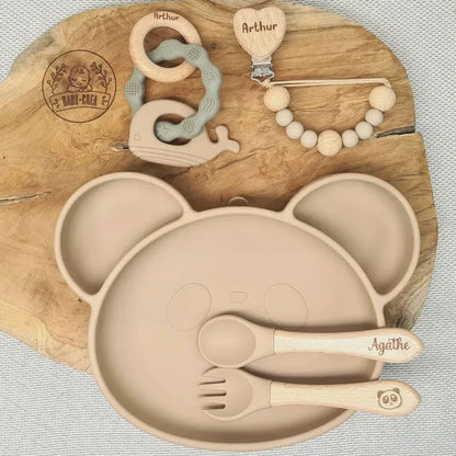 Coffret Bébé Personnalisé – Assiette Panda, Couverts, Attache & Anneau - Baby-crea