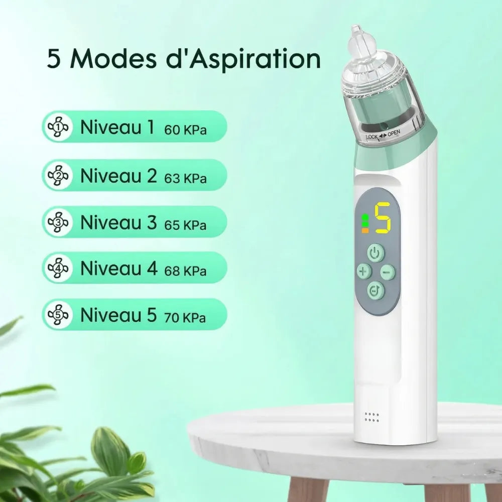 Gros plan de l'écran du Mouche Bébé Électrique affichant les 5 niveaux d'aspiration, la fonction musique et le port de charge USB-C.