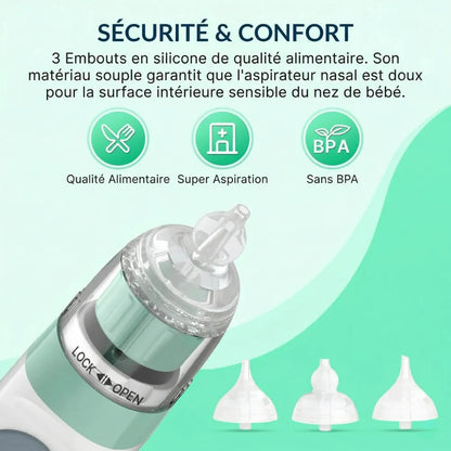 Présentation des 3 embouts en silicone de qualité alimentaire et sans BPA fournis avec le Mouche Bébé Électrique