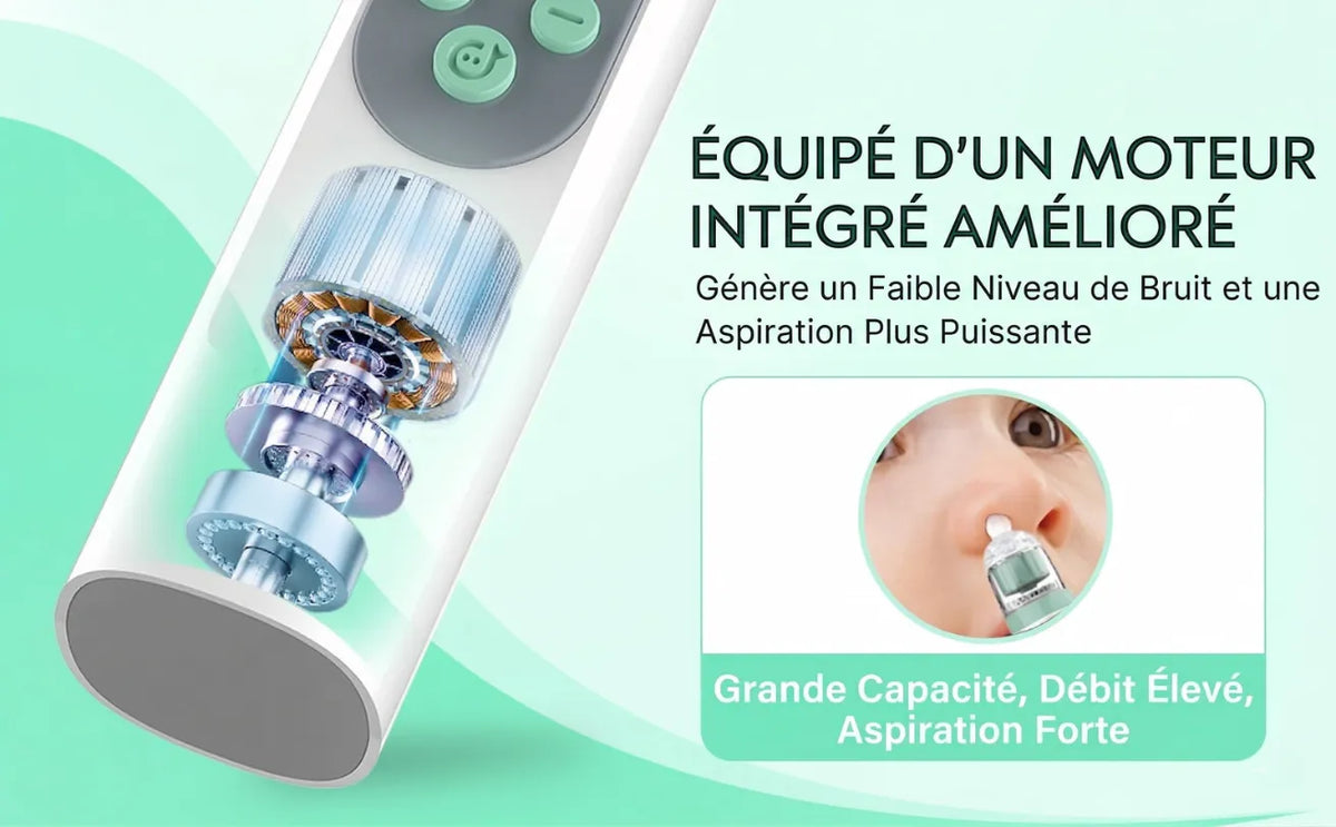 Schéma technique montrant le moteur intégré amélioré du mouche bébé électrique pour une aspiration plus puissante et silencieuse.