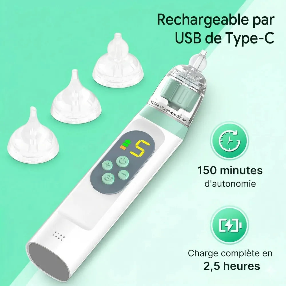 Le Mouche Bébé Électrique rechargeable par USB Type-C offrant 150 minutes d'autonomie après une charge complète.