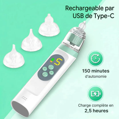 Le Mouche Bébé Électrique rechargeable par USB Type-C offrant 150 minutes d'autonomie après une charge complète.