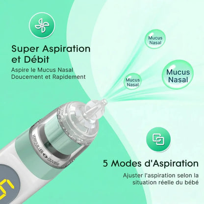Gros plan sur l'embout du Mouche Bébé Électrique aspirant le mucus nasal avec 5 modes réglables.