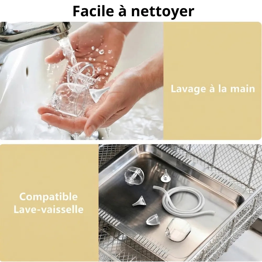 Pièces de l'aspirateur nasal compatibles lave-vaisselle et lavage à la main pour une hygiène nasale irréprochable.