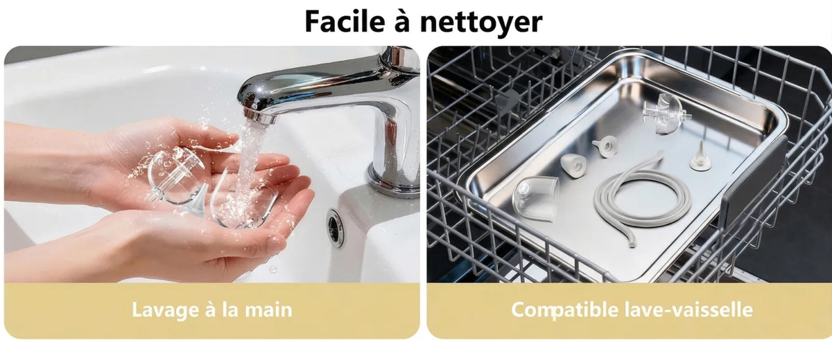 Démonstration de l'entretien de l'aspirateur nasal : les accessoires du mouche bébé électronique sont lavables à la main ou au lave-vaisselle.