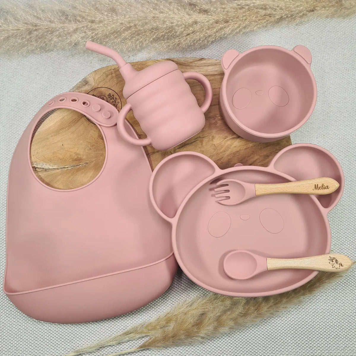 Set repas bébé complet avec prénom rose