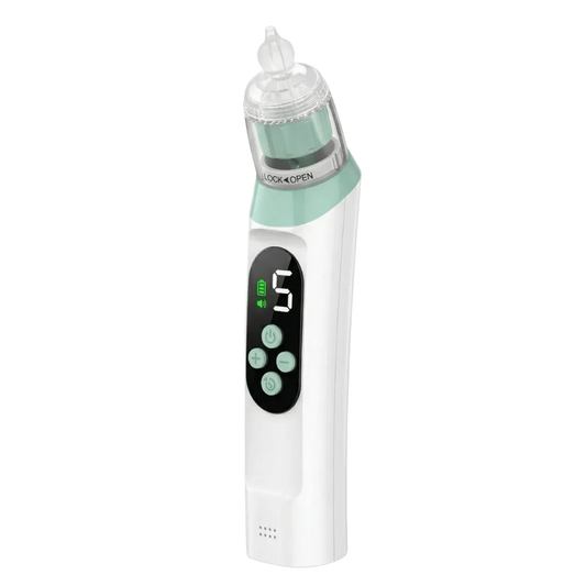 Mouche-bébé électrique portatif blanc et vert menthe avec écran LED compact affichant le niveau 5 et une icône de batterie, une tête transparente et des boutons de commande.