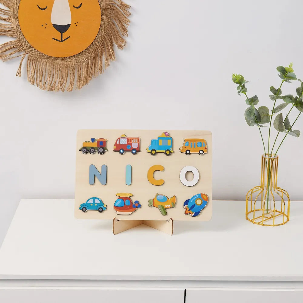 puzzle prénom bébé NICO avec hélico et train